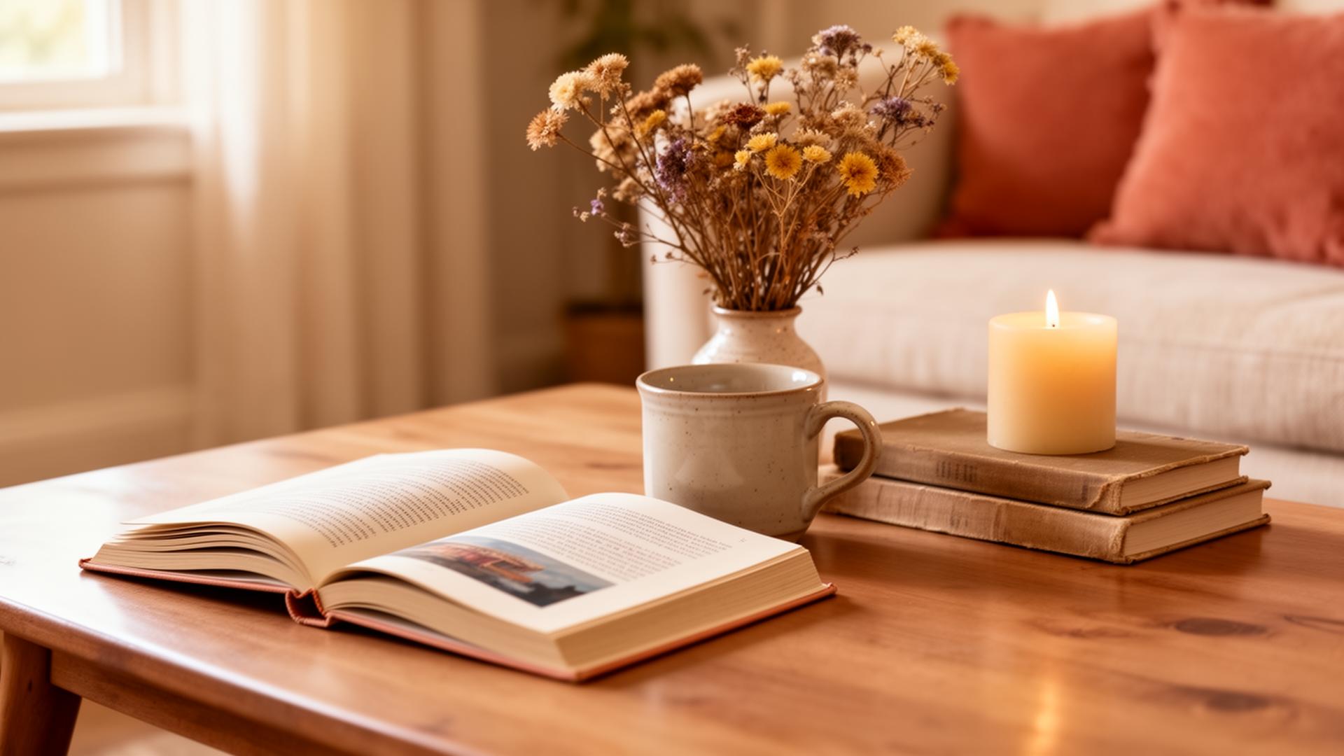 Open book, ceramic mug and dried wildflowers on a wooden coffee table