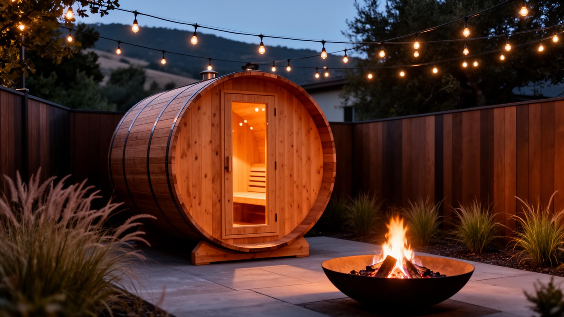 Cedar barrel sauna with robe hanging at the entrance